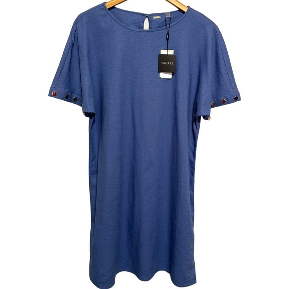 NEW Tahari Linen Blend Shirt Dress Women's‎ 12 Blue Shift Mini Coastal Classic - Picture 1 of 7